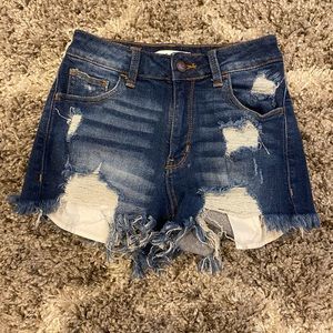 Aphrodite High Rise Distressed Denim Shorts 0-2 Dark Wash Stretch